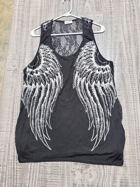 Free Kisses Black Tank Top with Lace Back & White Angel Wing Print